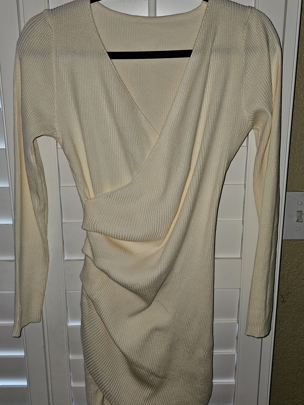 Shein Ribbed Wrap Bodycon Dress XS Cream Long Sleeve Ruched Mini Dress